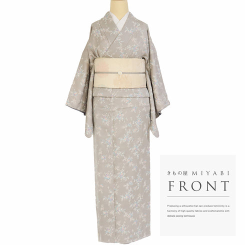 小紋 リサイクル 身丈158.5cm 裄63cm 袷 小花柄 地紋 グレー Mサイズ お洒落 しつけ糸 正絹 広衿 Aランク