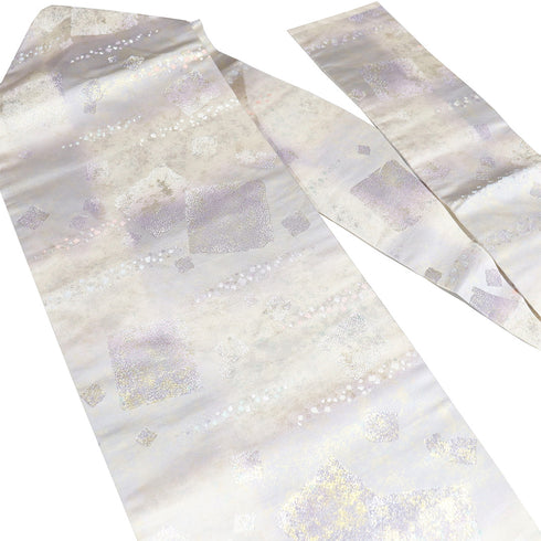 名古屋帯 リサイクル 帯丈360cm 六通 幾何学模様 ぼかし ベージュ Mサイズ 正絹 Sランク カジュアル お洒落