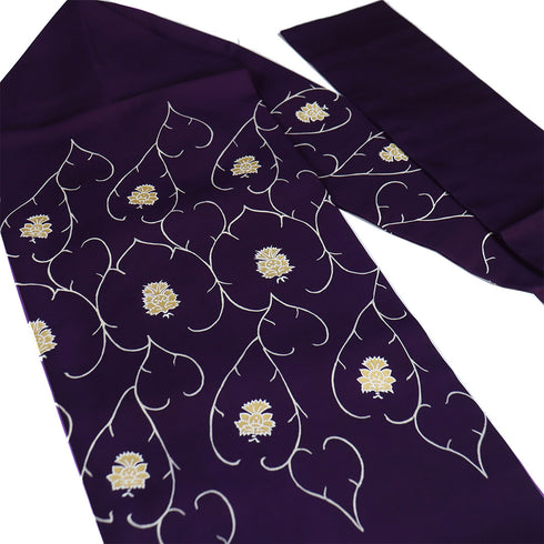 名古屋帯 リサイクル 帯丈358cm ポイント柄 デザイン葉柄 パープル Sサイズ 正絹 Aランク お洒落