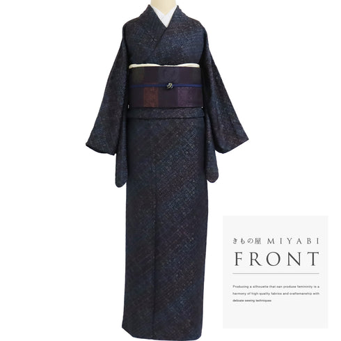 小紋 リサイクル 身丈159.5cm 裄66cm 袷 小花柄 漢方染 菅原結 地紋 ネイビー Mサイズ お洒落 正絹 広衿 Sランク