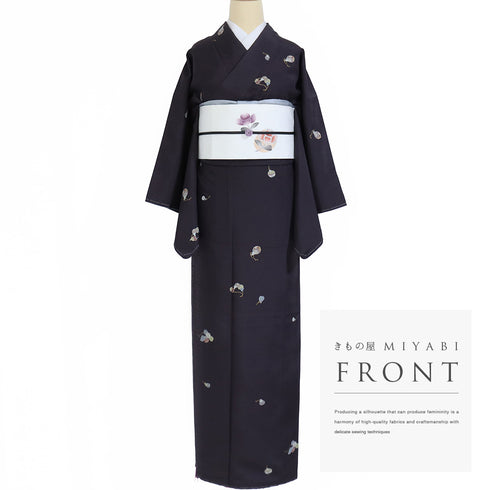 紬 リサイクル 身丈154.8cm 裄65cm 袷 鈴柄 パープル Sサイズ お洒落 カジュアル しつけ糸 正絹 広衿 Aランク