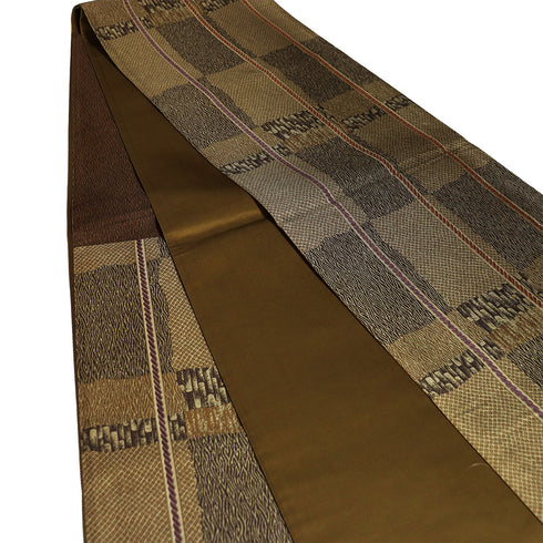 袋帯 リサイクル 帯丈442cm 六通 紐に幾何学柄 ブラウン Mサイズ 正絹 Sランク お洒落