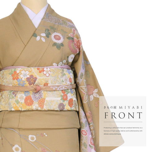 訪問着 リサイクル 身丈161.8cm 裄66.4cm 袷 梅竹 箔 ブラウン Lサイズ セミフォーマル お洒落 正絹 広衿 Sランク