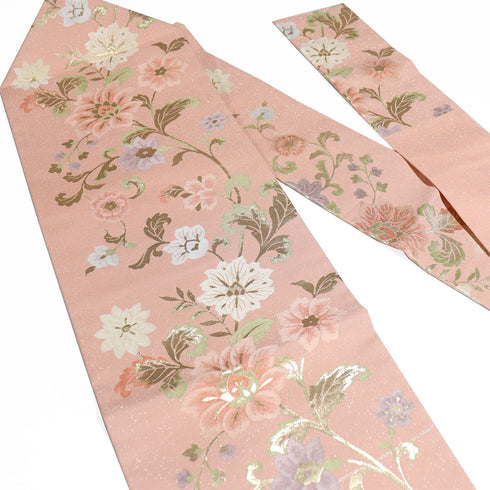 名古屋帯 リサイクル 帯丈359.5cm 六通 更紗花唐草柄 ピンク Sサイズ 正絹 Sランク お洒落