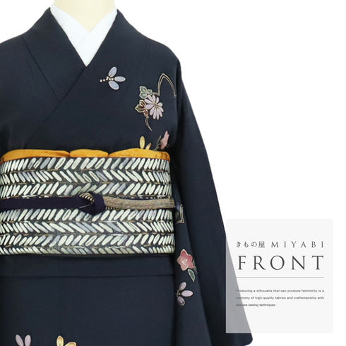 訪問着 リサイクル 身丈168.3cm 裄67cm 袷 紅葉や菊柄 箔 ネイビー LLサイズ お洒落 不明 広衿 Sランク