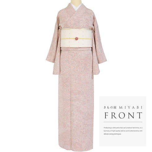 小紋 リサイクル 身丈162.7cm 裄64cm 袷 草花柄 ピンク Lサイズ お洒落 カジュアル 正絹 バチ衿 Sランク