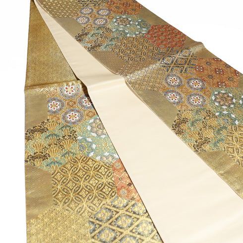 袋帯 リサイクル 帯丈432cm 六通 亀甲に華文柄 西陣織 ゴールド Sサイズ 正絹 Sランク フォーマル セミフォーマル