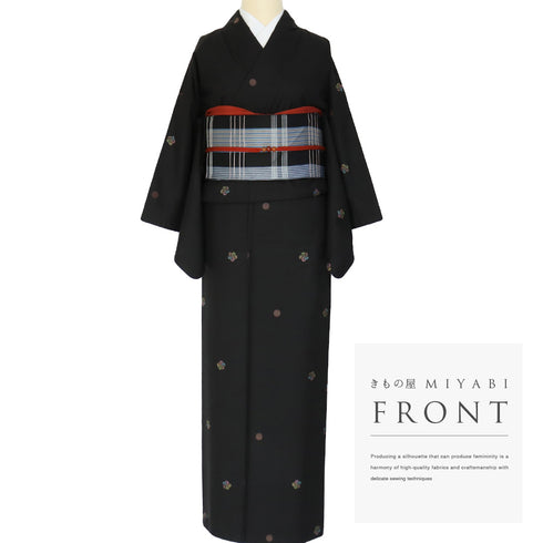 紬 リサイクル 身丈157cm 裄62.8cm 袷 ねじり梅柄 パールトーン加工 ブラック Mサイズ お洒落 カジュアル 正絹 広衿 Aランク