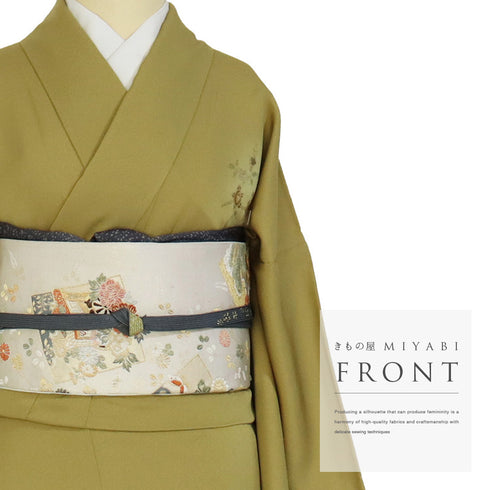 訪問着 リサイクル 身丈168.2cm 裄68cm 袷 風景柄 草花柄 汕頭刺繍 グリーン LLサイズ セミフォーマル お洒落 正絹 広衿 Sランク