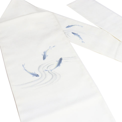 名古屋帯 リサイクル 帯丈367.5cm ポイント柄 夏用 魚柄 ホワイト Mサイズ 正絹 Aランク カジュアル