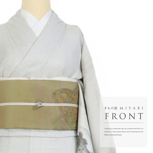 付下げ リサイクル 身丈166.4cm 裄65.6cm 袷 紬 お召 御堂のある風景柄 箔 グレー LLサイズ お洒落 正絹 広衿 Sランク