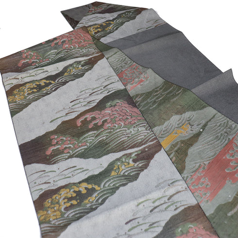 名古屋帯 リサイクル 帯丈370cm 六通 波頭柄 グレー Mサイズ 正絹 新品・未使用品 お洒落