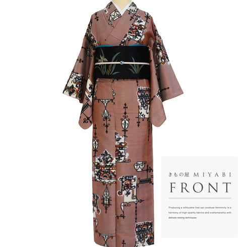 小紋 リサイクル 身丈149.5cm 裄62.2cm 袷 銘仙 オレンジ SSサイズ カジュアル 正絹 バチ衿 Bランク