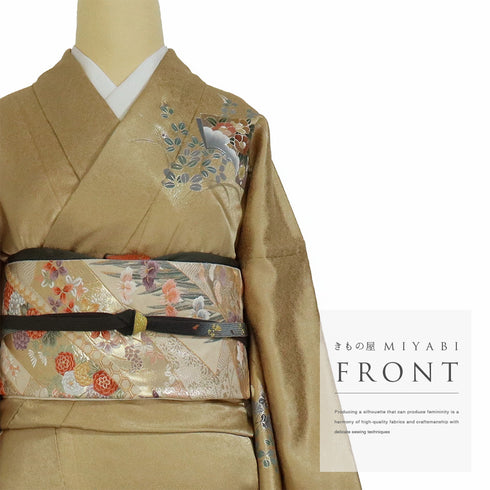 訪問着 リサイクル 身丈167.3cm 裄68.2cm 袷 地紋 金彩秋草模様 刺繍 ブラウン LLサイズ セミフォーマル 正絹 広衿 Sランク