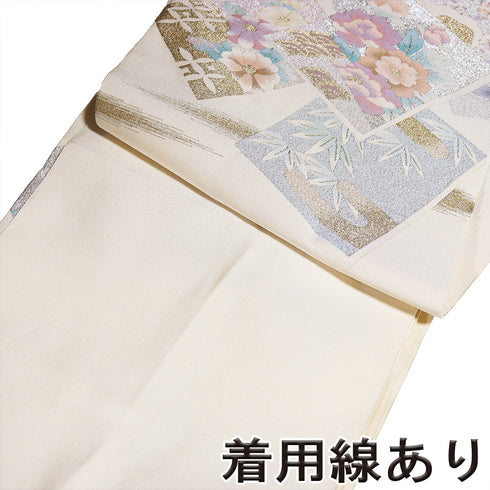 名古屋帯 リサイクル 帯丈362cm ポイント柄 色紙に花柄 アイボリー Mサイズ 正絹 Sランク お洒落