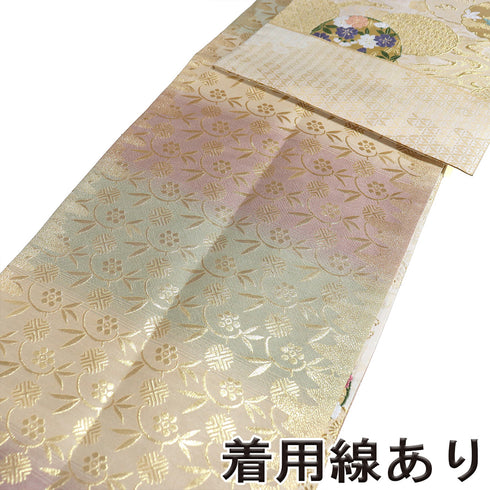袋帯 リサイクル 帯丈464cm 全通 雪輪に花柄 蔦柄 ゴールド LLサイズ 正絹 未使用品 フォーマル セミフォーマル