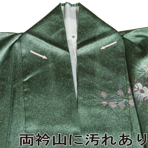 訪問着 リサイクル 身丈166.3cm 裄66cm 袷 ミシン仕立て 後絞り加工 辻が花模様 胴裏化繊 グリーン LLサイズ お洒落 正絹 広衿 Aランク