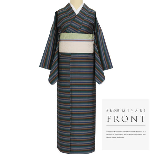 大島紬 リサイクル アンサンブル 2点セット 袷 証紙 Lサイズ Aランク ボーダー柄 カジュアル 道行コート丈89.5cm 身丈161.5cm 裄64.8cm 正絹 着物 AN-56