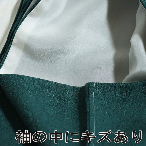 色無地 リサイクル 身丈159.2cm 裄64.8cm 袷 辻ヶ花模様 グリーン Mサイズ セミフォーマル 一つ紋 正絹 広衿 地紋あり Sランク