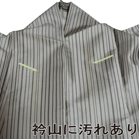 紬 リサイクル 身丈158.5cm 裄65.8cm 単衣 縞模様 グレー Mサイズ カジュアル 正絹 広衿 Aランク