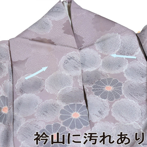 小紋 リサイクル 身丈155.5cm 裄64.6cm 袷 菊地紋 彩色 部分絞り パープル Mサイズ お洒落 カジュアル 正絹 広衿 Aランク