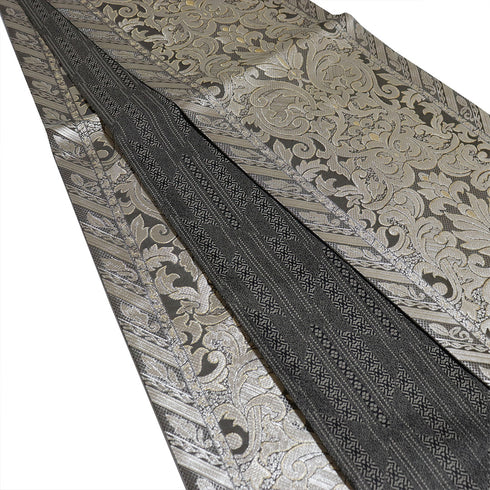 袋帯 リサイクル 帯丈448cm 全通 洋更紗柄 リバーシブル 工房岡野 本場筑前博多織 シルバー Mサイズ 混合 新品・未使用品 お洒落