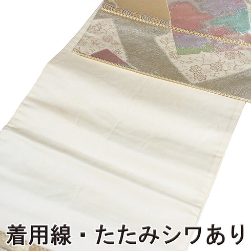 袋帯 リサイクル 帯丈424cm 六通 色紙に地紋柄 横段唐草柄 ゴールド Sサイズ 正絹 Aランク フォーマル セミフォーマル