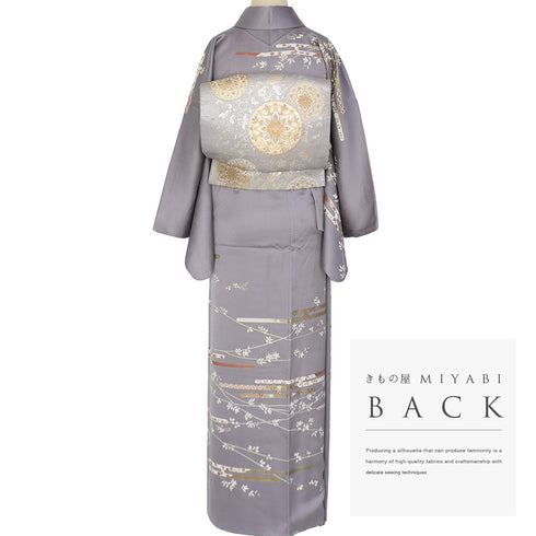 訪問着 リサイクル 身丈160cm 裄66.8cm 袷 エ霞に橘や藤柄 地紋 刺繍 箔 パールトーン加工 パープル Mサイズ セミフォーマル 正絹 広衿 Aランク