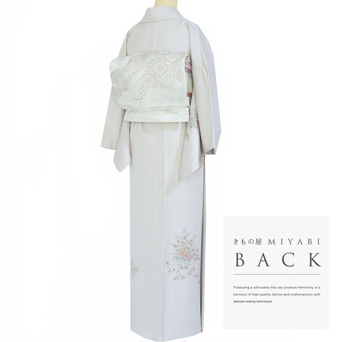 訪問着 リサイクル 身丈158cm 裄64.4cm 袷 花籠柄 刺繍 グレー Mサイズ セミフォーマル お洒落 正絹 広衿 Sランク