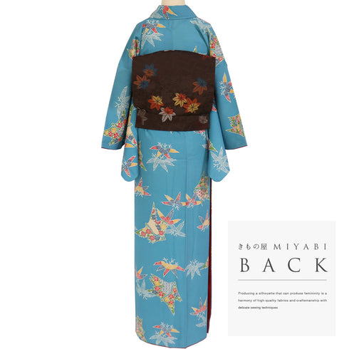 小紋 リサイクル 身丈161cm 裄64.6cm 袷 青海波に花柄 笹柄 ブルー Lサイズ カジュアル お洒落 不明 広衿 Bランク