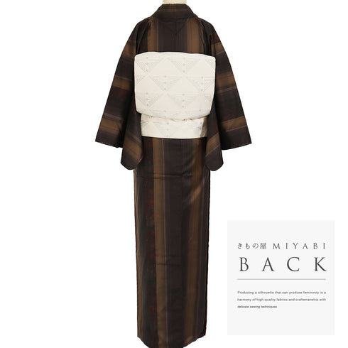 紬 リサイクル 身丈159cm 裄65.2cm 袷 大島紬 縞に一部染め模様 ブラウン Mサイズ カジュアル お洒落 証紙 しつけ糸 正絹 広衿 Sランク