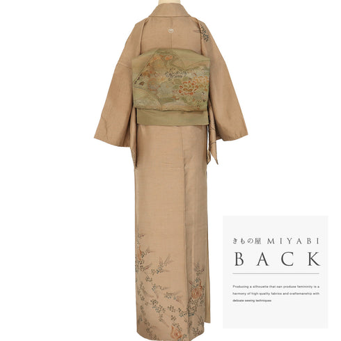 付下げ リサイクル 身丈160.8cm 裄65.2cm 袷 鳳凰柄 草花柄 紬 ブラウン Lサイズ お洒落 一つ紋 正絹 広衿 Sランク