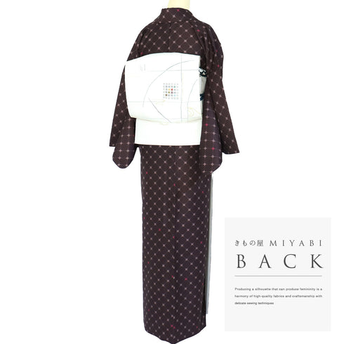 小紋 リサイクル 身丈167.8cm 裄67.5cm 袷 デザイン菱形模様 ブラウン LLサイズ お洒落 カジュアル ポリエステル 洗える着物 広衿 Sランク