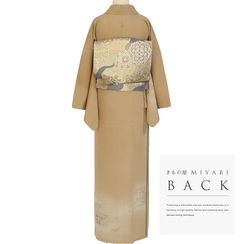 訪問着 リサイクル 身丈155.3cm 裄66.8cm 袷 霞に鳳凰や組紐柄 汕頭刺繍 ブラウン Sサイズ セミフォーマル 一つ紋 正絹 広衿 Aランク