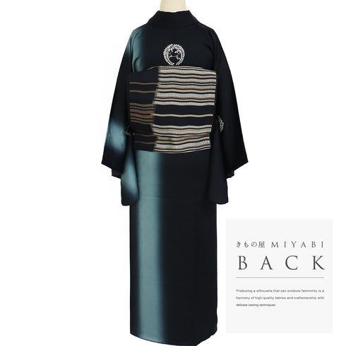 訪問着 リサイクル 身丈159cm 裄64.4cm 袷 縦ぼかし柄 パールトーン加工 ブラック Mサイズ セミフォーマル お洒落 五つ紋 正絹 広衿 Sランク