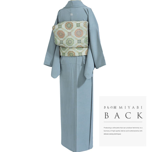 色無地 リサイクル 身丈162.2cm 裄66cm 袷 ゆったり ブルー Lサイズ セミフォーマル 一つ紋 正絹 広衿 Sランク