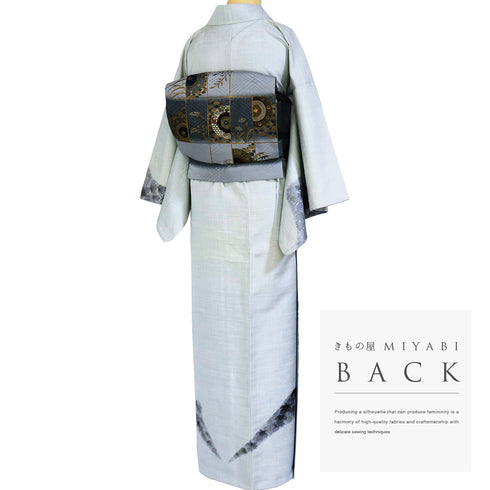 訪問着 リサイクル 身丈157.3cm 裄64.8cm 袷 紬 蔦柄 箔 杉本光正 グレー Mサイズ お洒落 落款 証紙 しつけ糸 正絹 広衿 Aランク