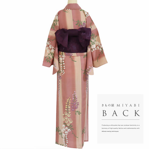 浴衣 リサイクル 夏着物 身丈164cm 裄67cm 夏物 透け感あり 既製品 鳥居ユキ 藤の花 縦ぼかし柄 ピンク Lサイズ カジュアル お洒落 しつけ糸 ポリエステル 洗える着物 バチ衿 新品・未使用品