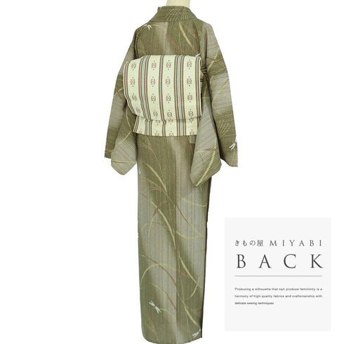 小紋 リサイクル 身丈168cm 裄70.5cm 単衣 トンボ柄 グリーン LLサイズ お洒落 ポリエステル 洗える着物 広衿 Sランク