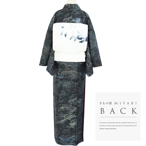 大島紬 リサイクル 身丈163.5cm 裄67cm 袷 兼六園にことじ灯篭柄 恵積五郎 ゆったりサイズ ネイビー Lサイズ お洒落 カジュアル 証紙 しつけ糸 正絹 広衿 Sランク