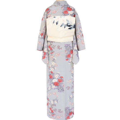 小紋 リサイクル 身丈156cm 裄62.6cm 袷 花柄 ちりめん グレー Mサイズ お洒落 カジュアル 正絹 広衿 Sランク