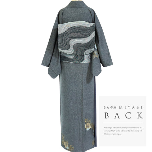 付下げ リサイクル 身丈159.5cm 裄66.4cm 袷 ゆったりサイズ 色紙模様 花柄 刺繍 箔加工 グレー Mサイズ セミフォーマル お洒落 しつけ糸 正絹 広衿 Sランク