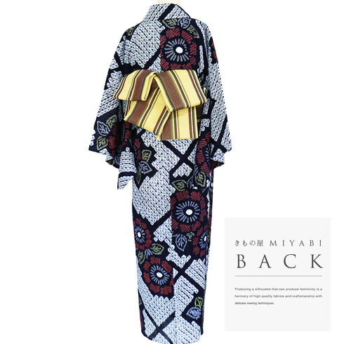 浴衣 リサイクル 夏着物 身丈151.5cm 裄64.4cm 夏物 絞り 花柄 ネイビー Sサイズ カジュアル 木綿 洗える着物 バチ衿 Aランク