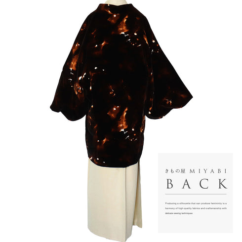 千代田衿コート リサイクル 身丈85.5cm 裄68cm ベルベット ラグラン袖 ブラウン Lサイズ カジュアル お洒落 混合 洗える着物 Aランク