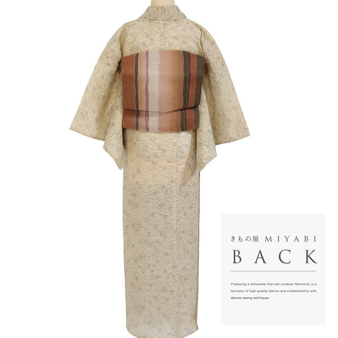 紬 リサイクル 夏着物 身丈159cm 裄62.8cm 夏物 千代谷縮 草原柄 ベージュ Mサイズ カジュアル 混合 洗える着物 バチ衿 Sランク