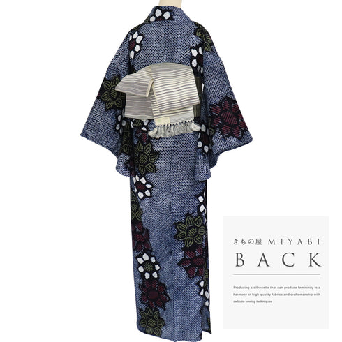 浴衣 リサイクル 夏着物 身丈150.5cm 裄63.2cm 夏物 絞り 花柄 ジュニアサイズ ネイビー Sサイズ カジュアル 木綿 洗える着物 バチ衿 Sランク