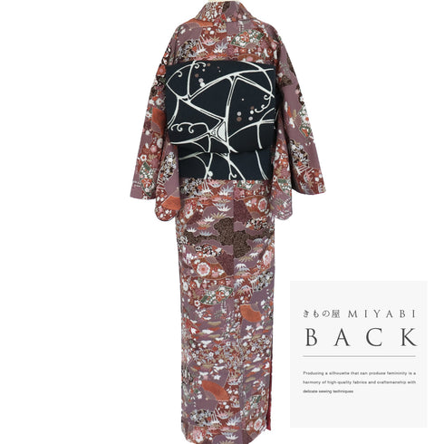 小紋 リサイクル 身丈165cm 裄67.5cm 袷 雲取り扇面に辻が花模様 パープル Lサイズ お洒落 カジュアル ポリエステル 洗える着物 広衿 Sランク