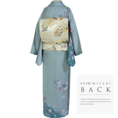 訪問着 リサイクル 身丈166.5cm 裄66.8cm 袷 蝶や松に枝垂れ桜柄 金駒刺繍 箔 パールトーン加工 ブルー LLサイズ セミフォーマル お洒落 一つ紋 正絹 広衿 Sランク