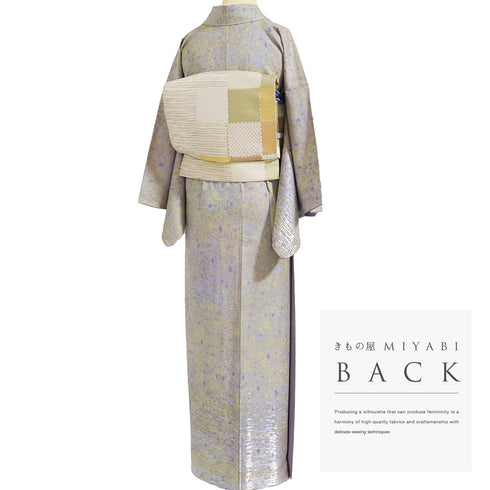 訪問着 リサイクル 身丈155.5cm 裄64.6cm 袷 金銀通し模様 地紋 イエロー Mサイズ お洒落 しつけ糸 正絹 広衿 Sランク