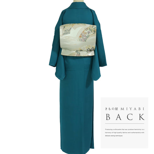 色無地 リサイクル 身丈159.5cm 裄64.4cm 袷 裂取り地紋 パールトーン加工 里美 グリーン Mサイズ お洒落 しつけ糸 正絹 広衿 地紋あり Sランク